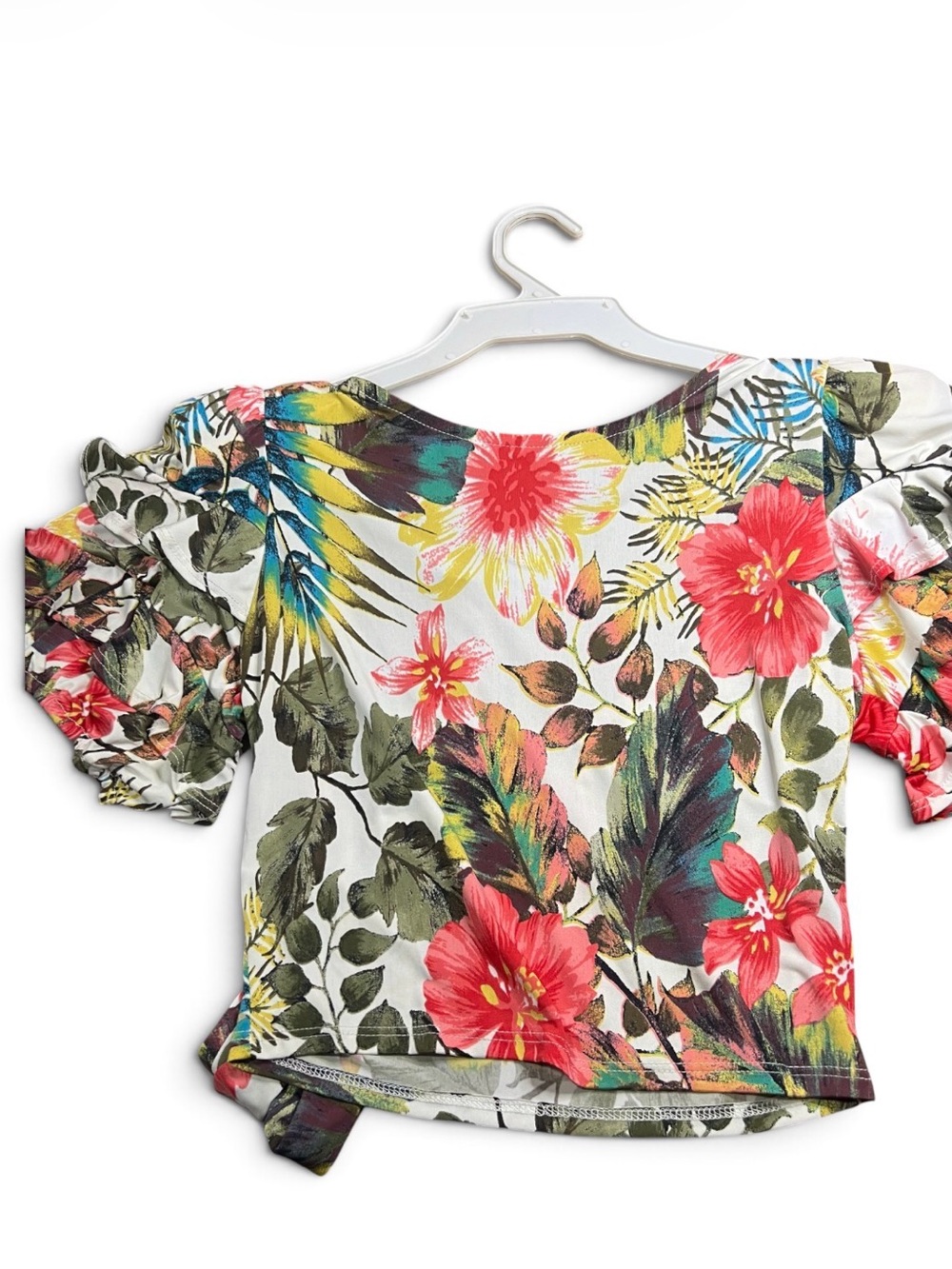Girls Floral Off-Shoulder Top - White with Pink & Green